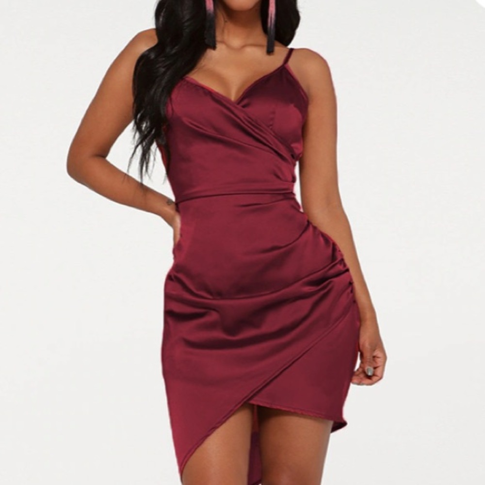 PrettyLittleThing Shape Burgundy Satin Wrap Dress